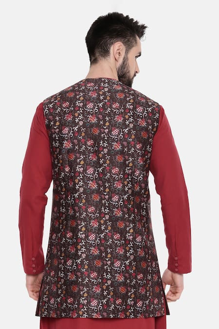 Shop_Mayank Modi - Men_Brown Silk Chanderi Floral Print Modi Jacket _at_Aza_Fashions
