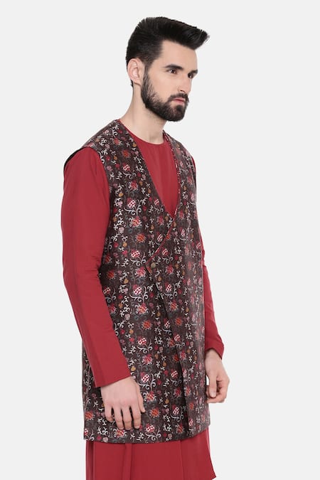 Mayank Modi - Men_Brown Silk Chanderi Floral Print Modi Jacket _Online_at_Aza_Fashions