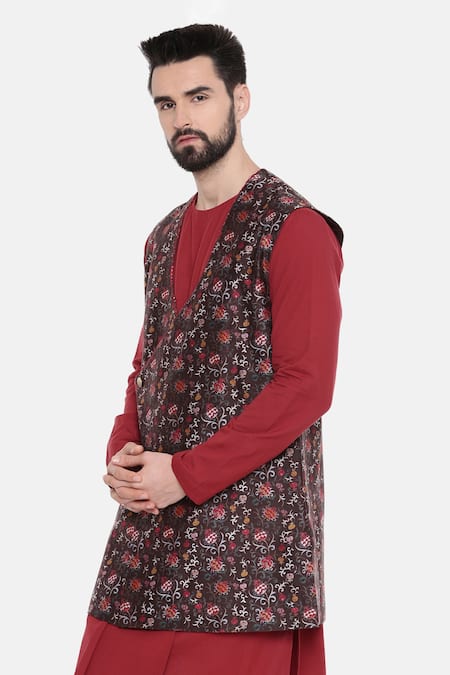 Shop_Mayank Modi - Men_Brown Silk Chanderi Floral Print Modi Jacket _Online_at_Aza_Fashions