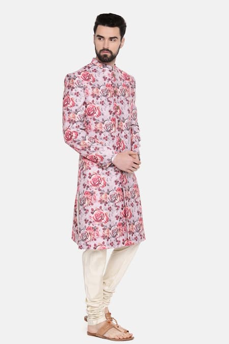 Mayank Modi - Men_Pink Linen Embroidery Sherwani With Churidar For Kids_Online_at_Aza_Fashions