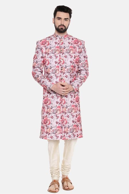 Buy_Mayank Modi - Men_Pink Linen Embroidery Sherwani With Churidar For Kids_Online_at_Aza_Fashions