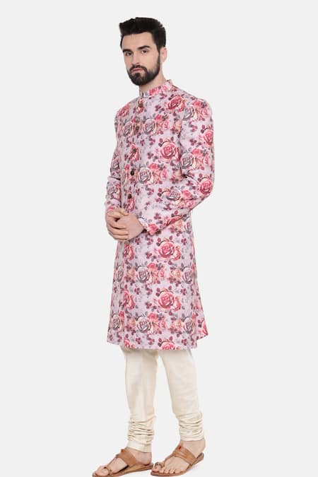 Shop_Mayank Modi - Men_Pink Linen Embroidery Sherwani With Churidar For Kids_Online_at_Aza_Fashions
