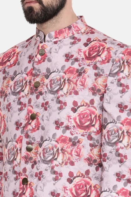 Mayank Modi - Men_Pink Linen Embroidery Sherwani With Churidar For Kids_at_Aza_Fashions