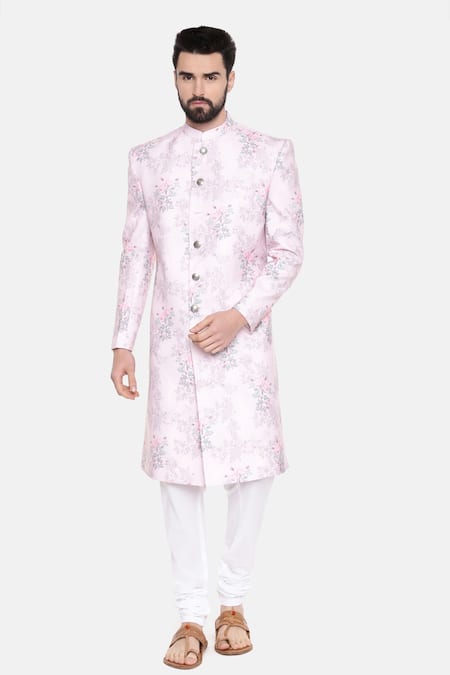 Mayank Modi - Men Pink 100% Linen Floral Sherwani With Churidar