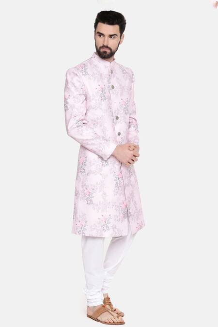 Mayank Modi - Men_Pink Linen Sherwani With Churidar For Kids_Online_at_Aza_Fashions