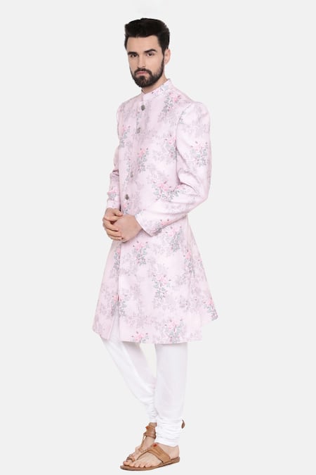Shop_Mayank Modi - Men_Pink Linen Sherwani With Churidar For Kids_Online_at_Aza_Fashions