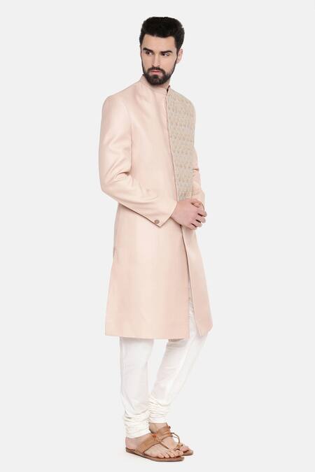 Mayank Modi - Men_Pink Linen And Satin Bugle Beads Sherwani With Churidar _Online_at_Aza_Fashions