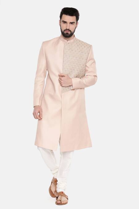 Buy_Mayank Modi - Men_Pink Linen And Satin Bugle Beads Sherwani With Churidar _Online_at_Aza_Fashions