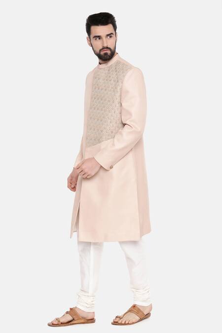 Shop_Mayank Modi - Men_Pink Linen And Satin Bugle Beads Sherwani With Churidar _Online_at_Aza_Fashions