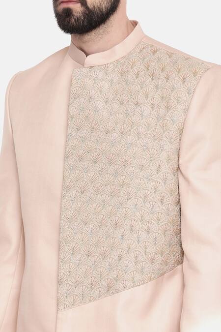 Mayank Modi - Men_Pink Linen And Satin Bugle Beads Sherwani With Churidar _at_Aza_Fashions
