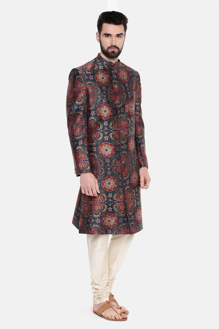Mayank Modi - Men_Red Bemberg Linen Floral Print Sherwani With Churidar _Online_at_Aza_Fashions