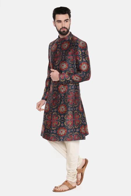 Buy_Mayank Modi - Men_Red Bemberg Linen Floral Print Sherwani With Churidar _Online_at_Aza_Fashions