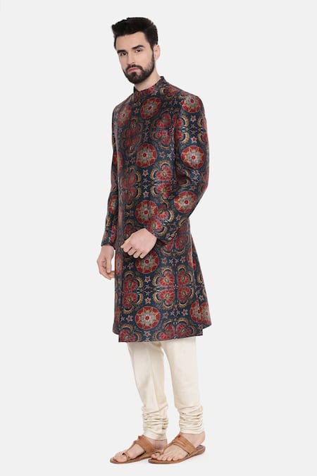 Shop_Mayank Modi - Men_Red Bemberg Linen Floral Print Sherwani With Churidar _Online_at_Aza_Fashions