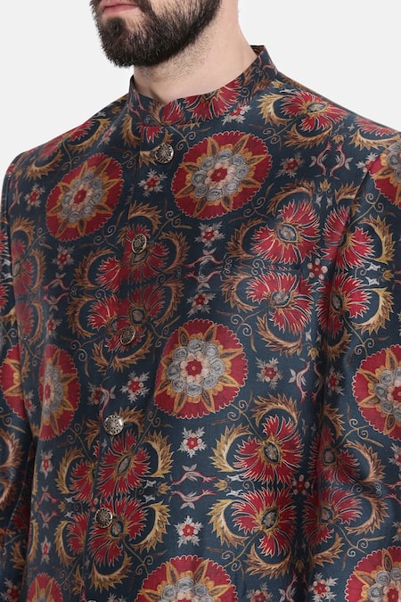 Mayank Modi - Men_Red Bemberg Linen Floral Print Sherwani With Churidar _at_Aza_Fashions