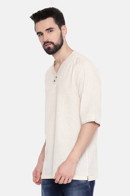 Shop_Mayank Modi - Men_Beige Cotton Embroidery Short Kurta For Kids_Online_at_Aza_Fashions