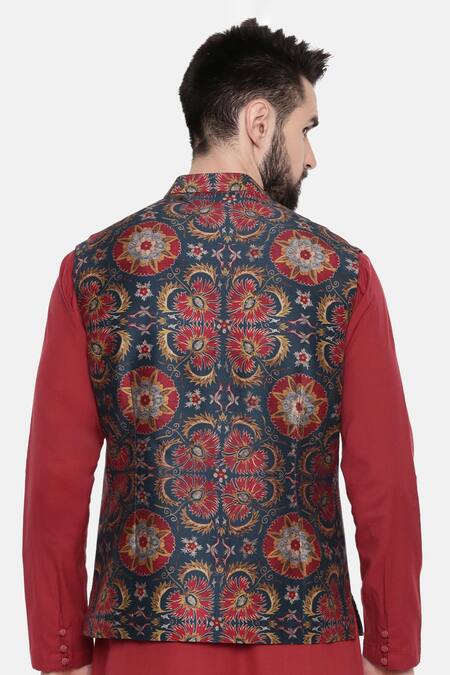 Shop_Mayank Modi - Men_Green Silk And Chanderi Floral Bundi _at_Aza_Fashions