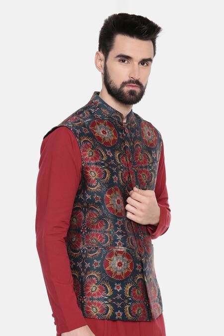Mayank Modi - Men_Green Silk And Chanderi Floral Bundi _Online_at_Aza_Fashions