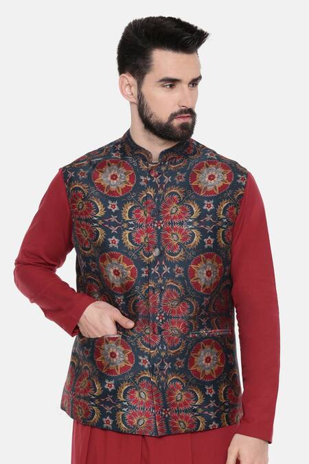 Buy_Mayank Modi - Men_Green Silk And Chanderi Floral Bundi _Online_at_Aza_Fashions