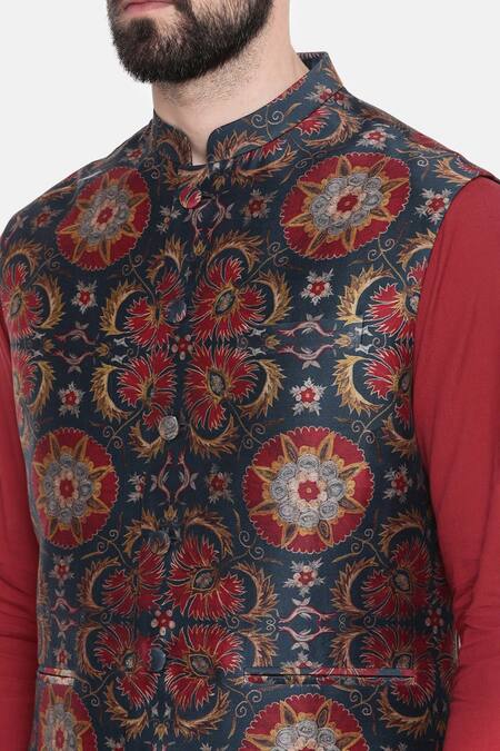 Mayank Modi - Men_Green Silk And Chanderi Floral Bundi _at_Aza_Fashions