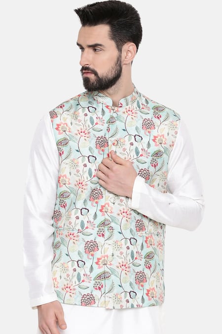 Buy_Mayank Modi - Men_Green Silk And Muslin Floral Bundi _Online_at_Aza_Fashions