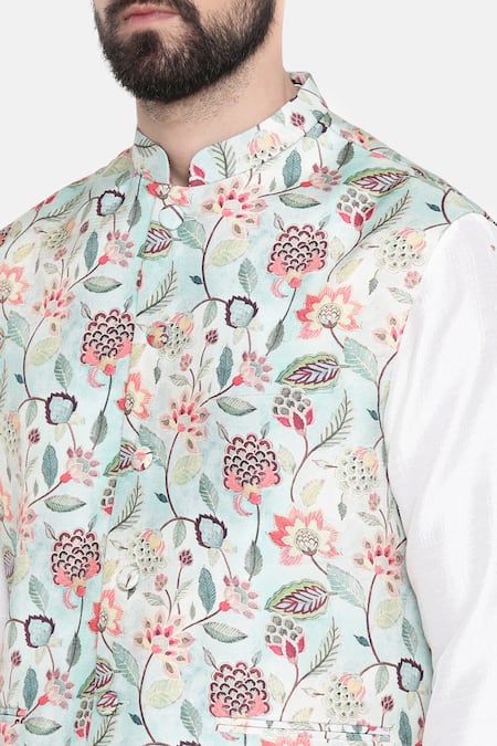 Mayank Modi - Men_Green Silk And Muslin Floral Bundi _at_Aza_Fashions