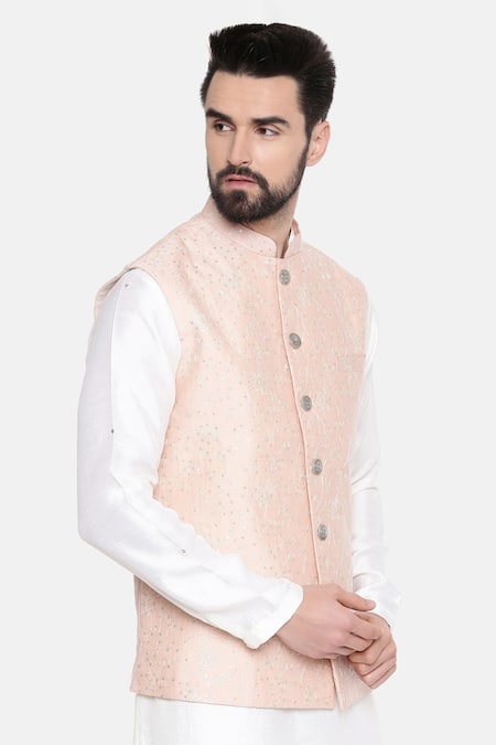 Mayank Modi - Men_Pink Silk Chanderi Sequin And Thread Bundi_Online_at_Aza_Fashions