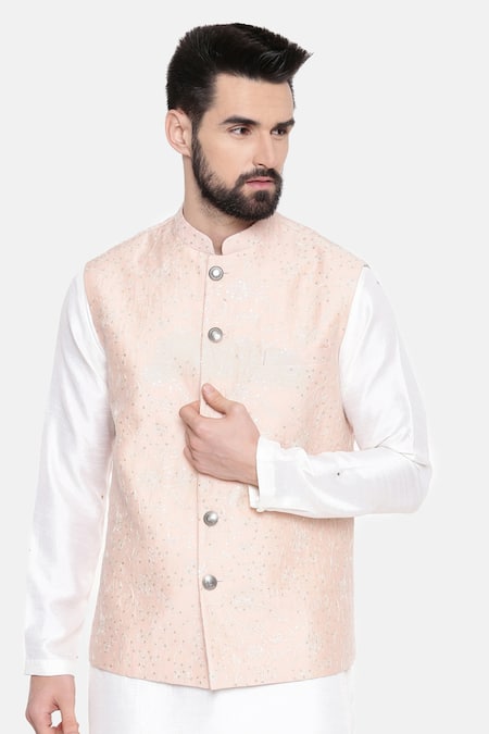 Buy_Mayank Modi - Men_Pink Silk Chanderi Sequin And Thread Bundi_Online_at_Aza_Fashions