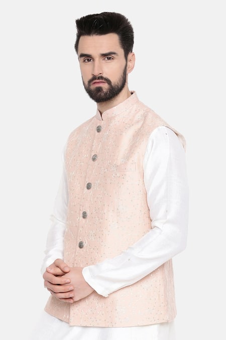 Shop_Mayank Modi - Men_Pink Silk Chanderi Sequin And Thread Bundi_Online_at_Aza_Fashions