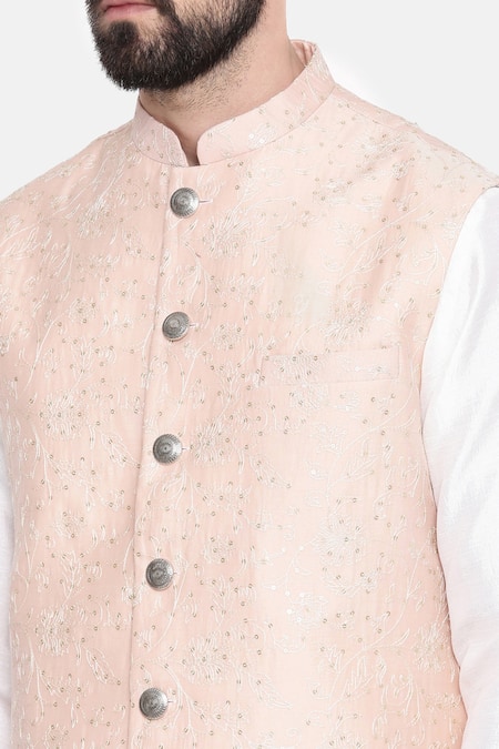 Mayank Modi - Men_Pink Silk Chanderi Sequin And Thread Bundi_at_Aza_Fashions