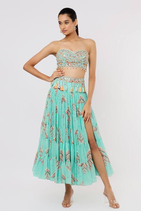 Gopi Vaid_Blue Blouse Crepe, Skirt Georgette Tassel Sweetheart Eve Bustier And Tiered Set_Online_at_Aza_Fashions