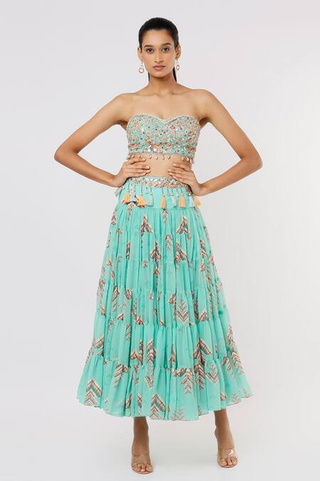 Buy_Gopi Vaid_Blue Blouse Crepe, Skirt Georgette Tassel Sweetheart Eve Bustier And Tiered Set_Online_at_Aza_Fashions