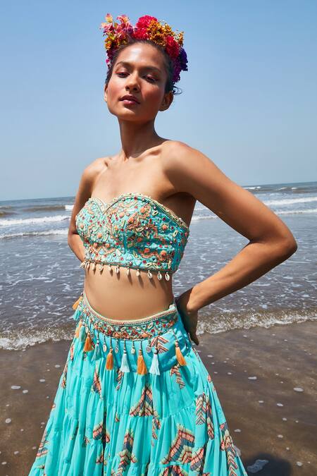 Shop_Gopi Vaid_Blue Blouse Crepe, Skirt Georgette Tassel Sweetheart Eve Bustier And Tiered Set_Online_at_Aza_Fashions