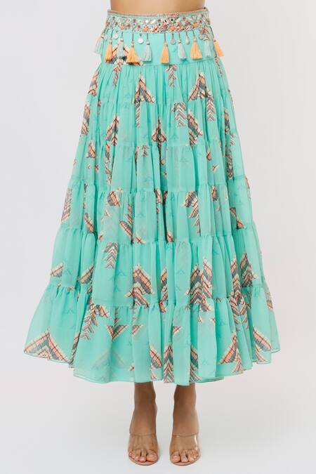 Gopi Vaid_Blue Blouse Crepe, Skirt Georgette Tassel Sweetheart Eve Bustier And Tiered Set_at_Aza_Fashions