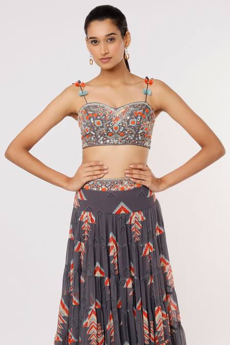Gopi Vaid_Grey Blouse Crepe, Skirt Georgette Tassel Sweetheart Eve Bustier And Tiered Set_Online_at_Aza_Fashions