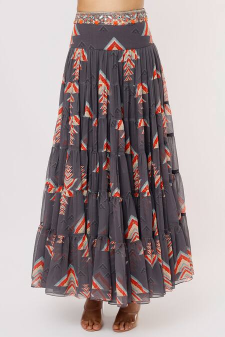 Buy_Gopi Vaid_Grey Blouse Crepe, Skirt Georgette Tassel Sweetheart Eve Bustier And Tiered Set_Online_at_Aza_Fashions