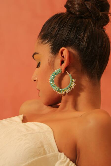 Shop_NAKHREWAALI_Multi Color Organically Dyed Beads Bussin Handcrafted Hoops_at_Aza_Fashions
