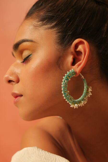 Shop_NAKHREWAALI_Multi Color Organically Dyed Beads Bussin Handcrafted Hoops_Online_at_Aza_Fashions