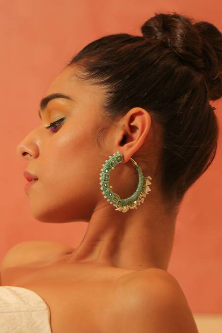 NAKHREWAALI_Multi Color Organically Dyed Beads Bussin Handcrafted Hoops_at_Aza_Fashions