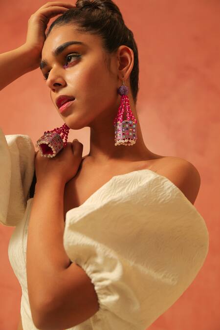 Shop NAKHREWAALI Multi Color Organically Dyed Beads Ceo Handcrafted Dangler Earrings at Aza Fashions Shop_NAKHREWAALI_Multi Color Organically Dyed Beads Ceo Handcrafted Dangler Earrings_at_Aza_Fashions