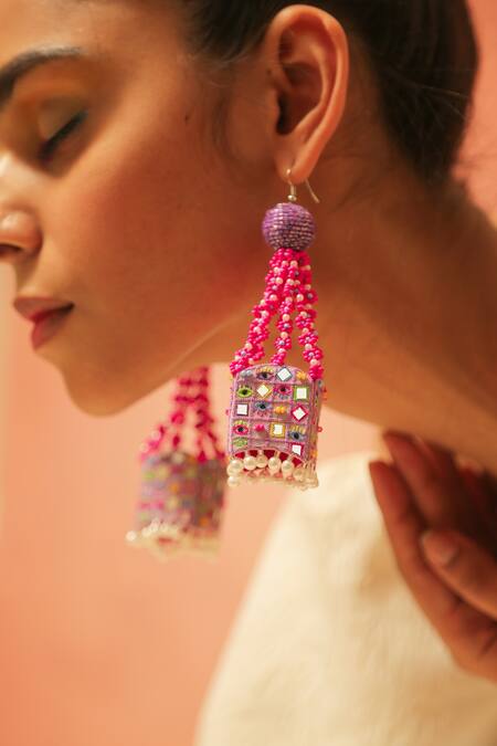 Shop NAKHREWAALI Multi Color Organically Dyed Beads Ceo Handcrafted Dangler Earrings Online at Aza Fashions Shop_NAKHREWAALI_Multi Color Organically Dyed Beads Ceo Handcrafted Dangler Earrings_Online_at_Aza_Fashions