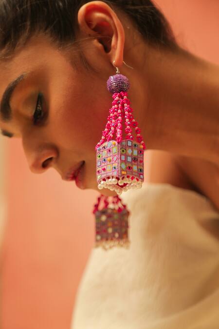 NAKHREWAALI Multi Color Organically Dyed Beads Ceo Handcrafted Dangler Earrings at Aza Fashions NAKHREWAALI_Multi Color Organically Dyed Beads Ceo Handcrafted Dangler Earrings_at_Aza_Fashions