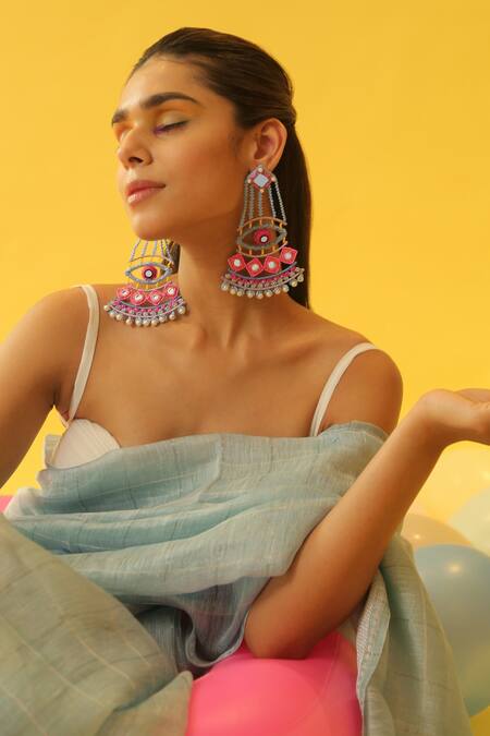 NAKHREWAALI Multi Color Organically Dyed Beads Handcrafted Chandbalis Online at Aza Fashions NAKHREWAALI_Multi Color Organically Dyed Beads Handcrafted Chandbalis_Online_at_Aza_Fashions