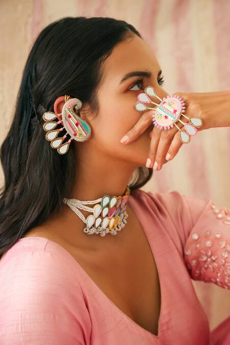 Shop_NAKHREWAALI_Multi Color Organically Dyed Beads Deewangi Handcrafted Ring_at_Aza_Fashions