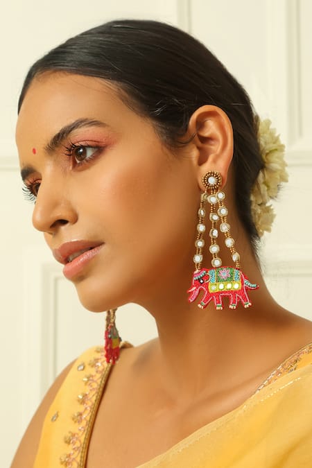 NakhreWaali Multi Color Organically Dyed Beads Haathi Handcrafted Dangler Earrings