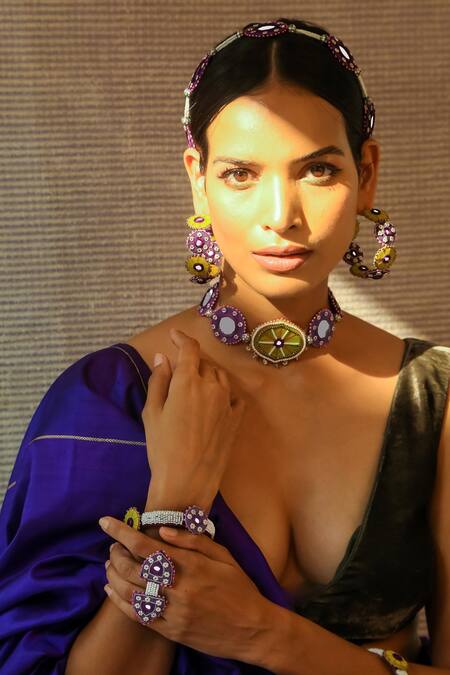 Shop NAKHREWAALI Purple Organically Dyed Beads Tajdar Handcrafted Sheeshphool Online at Aza Fashions Shop_NAKHREWAALI_Purple Organically Dyed Beads Tajdar Handcrafted Sheeshphool_Online_at_Aza_Fashions