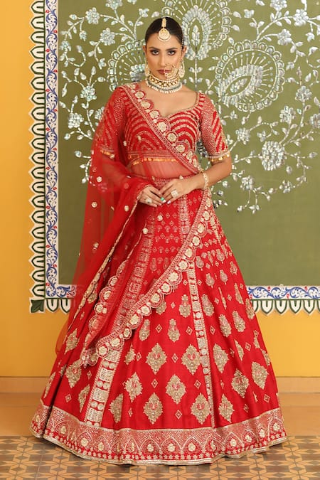 Amrin Khan Red Raw Silk Zardozi Floral Motifs Leaf Neck Embroidered Bridal Lehenga Set 