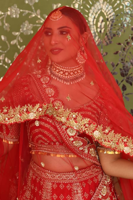 Shop_Amrin Khan_Red Raw Silk Zardozi Floral Motifs Leaf Neck Embroidered Bridal Lehenga Set _Online_at_Aza_Fashions