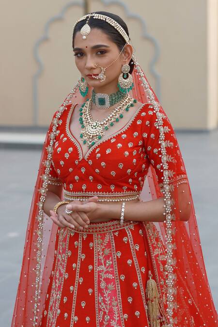 Amrin Khan Red Raw Silk Zardozi Floral Motifs Leaf Neck Embroidered Bridal Lehenga Set Online at Aza Fashions Amrin Khan_Red Raw Silk Zardozi Floral Motifs Leaf Neck Embroidered Bridal Lehenga Set _Online_at_Aza_Fashions