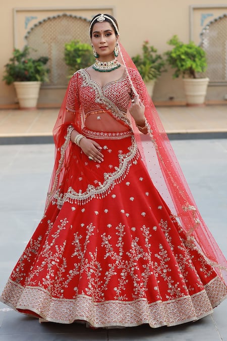 Amrin Khan Red Raw Silk Zardozi Floral Motifs Leaf Neck Embroidered Bridal Lehenga Set 