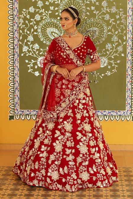 Amrin khan Velvet Floral Embroidered Bridal Lehenga Set 